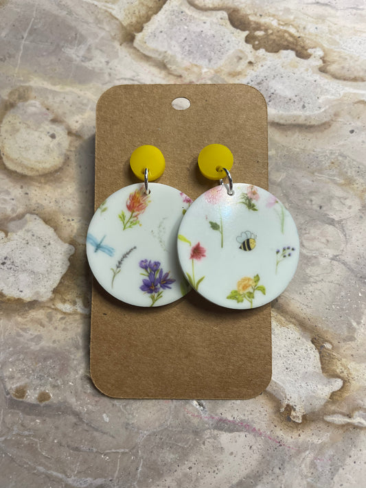 Printed Flowers and Bees Stud Dangles