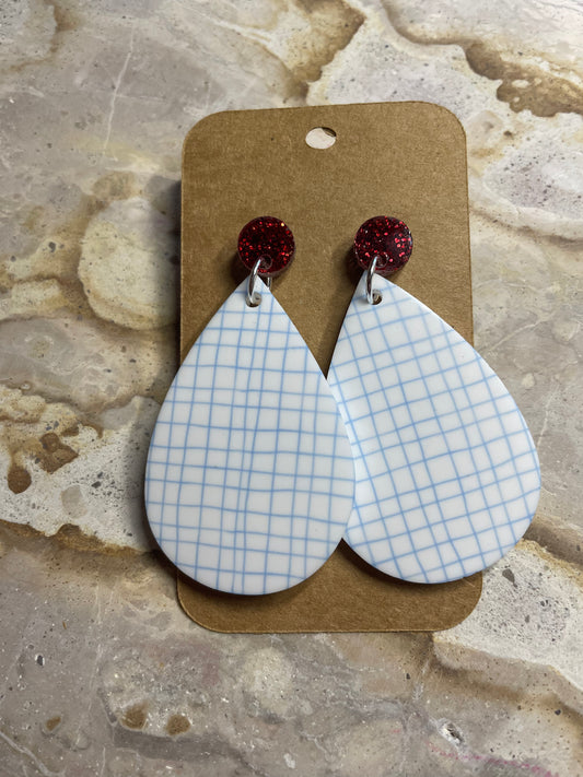 Printed Blue and White Stud Dangles