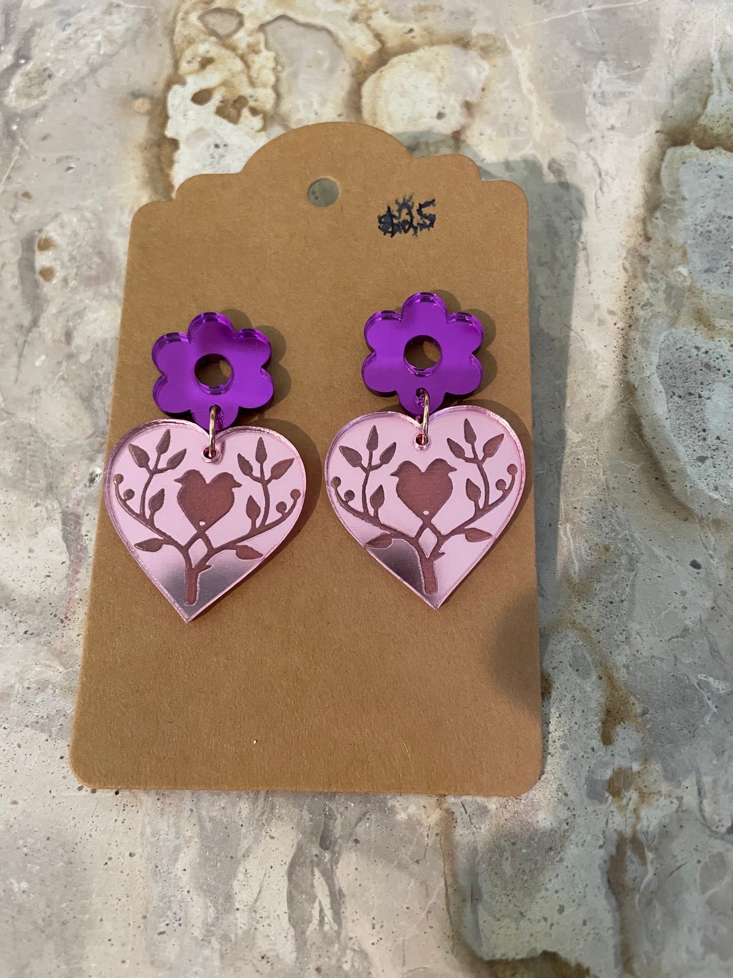 Purple/pink love bird stud dangles