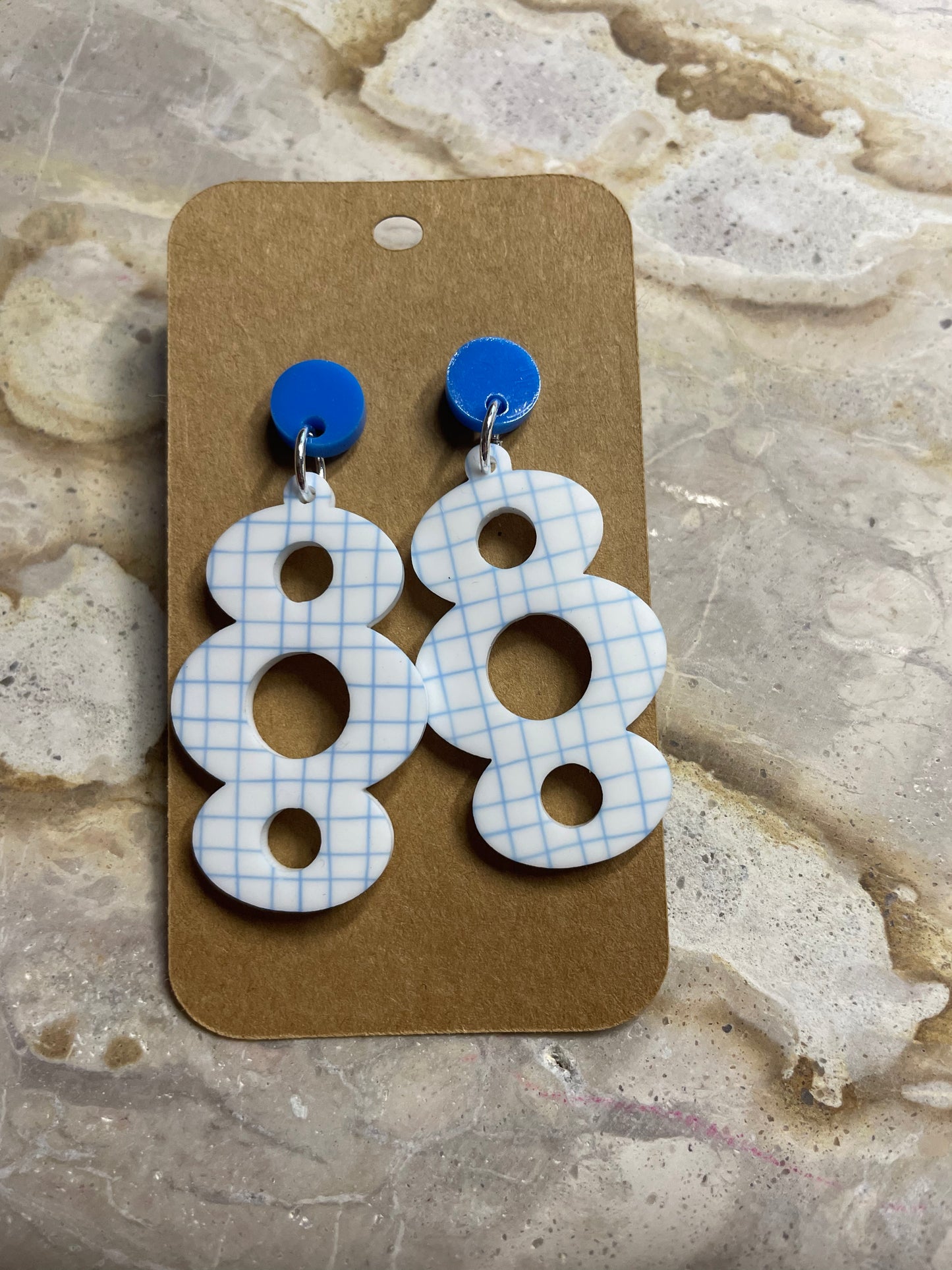 Printed Blue and White Stud Dangles